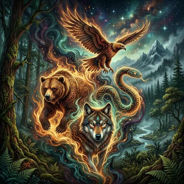 Esprits guides animaux totems chamanique — loup, aigle, ours, serpent